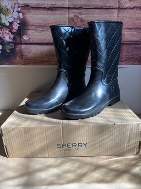 Sperry Nellie Quilted Rain Boots Black Size 9 Women Waterproof Rubber Tall Boots